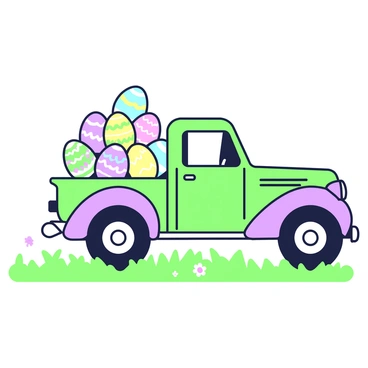 An old-fashioned truck with a bed full of large, painted Easter eggs