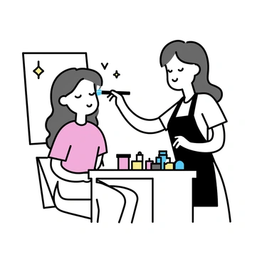 A makeup artist, wearing a black apron, is standing next to a model in a bright, well-lit studio. The makeup artist is using a brush to apply "vibrant blue eyeshadow" to the model's eyelid. The model, with long hair styled in soft waves, has her eyes closed, showcasing a natural makeup look on her skin. There is a large mirror behind them reflecting their actions, and a colorful array of makeup products is displayed on a nearby table.