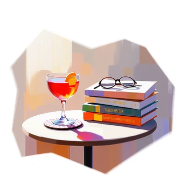 A cozy scene featuring a glass of negroni, with its vibrant red color prominently displayed. The glass is placed on a small, wooden table with a smooth surface. Next to the glass, there is a neatly stacked collection of classic literature books, their covers showing various titles and colors, some with gilded lettering. A soft, warm light illuminates the arrangement, casting gentle shadows. A small, patterned coaster is under the glass, and a pair of reading glasses lies casually on top of one of the books.