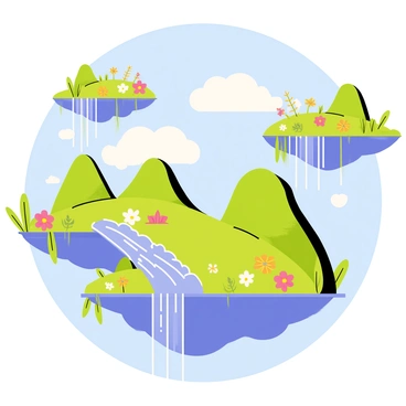 A fantasy landscape featuring several floating islands, each adorned with lush green vegetation and colorful flowers. The islands hover in a bright blue sky filled with fluffy white clouds. Waterfalls cascade down from the edges of the islands, creating streams of shimmering water that fall into a sparkling pool below. Vivid colors dominate the scene, with markers adding bright hues to the greenery, flowers, and the water, bringing life to the entire landscape.