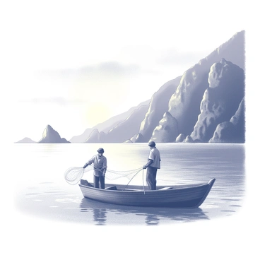 Fishermen standing in a small boat, preparing to cast their nets into the water. The scene captures the early morning light illuminating the surface of the water, creating subtle reflections. The fishermen are dressed in simple clothing, focused on their task. The boat is a traditional wooden vessel with a slightly weathered appearance, bobbing gently on the waves. In the background, rocky cliffs of Capri rise majestically, partially shrouded in mist. The sky above shows signs of dawn with soft outlines of clouds.