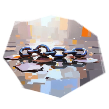 A close-up view of a bike chain lying on a wet street, partially submerged in a puddle. The puddle reflects the intricate details of the bike chain, showcasing its metallic links glistening with raindrops. Surrounding the puddle are wet cobblestones, glistening from the rain, with faint ripples disturbing the surface of the water. The overall scene conveys a sense of a rainy day, with darkened clouds overhead, adding depth to the reflections in the puddle.