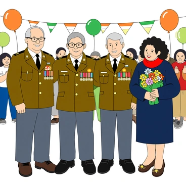 A group of four veterans, two men and two women, standing proudly together at a Republic Day celebration. Each veteran is wearing a formal military uniform adorned with various medals. The first man has gray hair and a distinguished expression, while the second man has a short beard and a broad smile. One of the women has long black hair tied back and is holding a bouquet of colorful flowers, while the other woman has short curly hair and is wearing a red scarf around her neck. In the background, there are colorful balloons and flags, creating a festive atmosphere. The veterans are surrounded by a crowd of onlookers, some of whom are clapping in appreciation.