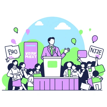 A political candidate is standing on a stage giving a speech at a lively outdoor rally. The candidate is wearing a tailored suit and a bright tie, with a microphone in hand. In front of the stage, a diverse crowd is gathered, holding colorful signs with messages of support. There are banners displaying the candidate's name and campaign slogan flanking the stage. To the side, a small group of volunteers are engaging with the attendees. Above the crowd, colorful balloons float in the air, adding to the festive atmosphere. The setting is vibrant with a blue sky overhead and the sun casting bright light on the scene.