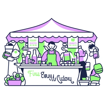 A bustling market stall is set up under a canopy. The stall features a large wooden table filled with bottles of fire cider, each labeled clearly. Colorful signs hang overhead, displaying various flavors and health benefits of the fire cider. Small tasting cups are arranged neatly in front of the bottles, inviting customers to try samples. A friendly vendor stands behind the table, ready to engage with passersby, wearing an apron and a wide smile. Surrounding the stall, the market is lively, with customers browsing nearby stalls and colorful goods displayed all around.