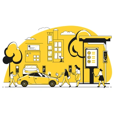A city street bustling with activity, featuring several charging stations designed for green energy. The charging stations have sleek, modern designs with a focus on functionality. Each station displays a digital screen with information about charging options. Pedestrians walk by, some stopping to plug in electric vehicles. Trees line the street, and buildings with large windows can be seen in the background. Brightly colored signs indicating stores and cafes are scattered along the street. A clear sky is overhead, enhancing the vibrant atmosphere of the city.