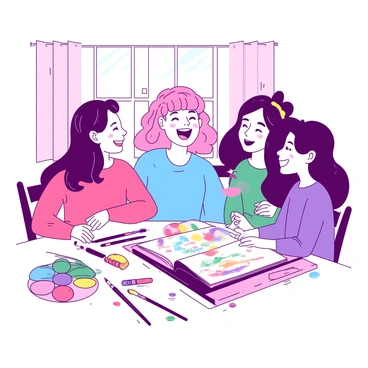 A pink-haired girl with a blue shirt is sitting at a table with her friends. They are smiling and laughing together. Scattered around them are various art supplies including colorful markers, paintbrushes, and an open sketchbook filled with vibrant drawings. The background features a large window that lets in bright sunlight, illuminating the cheerful atmosphere. One friend is holding a green paint palette, while another is sketching with a purple pencil. The scene conveys a sense of creativity and friendship.