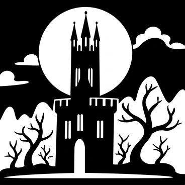 A tall gothic tower stands prominently against a full moon, its intricate architectural details highlighted in the stark contrast of black and white. The tower features spires and arches that reach towards the sky, casting elongated shadows on the ground. Surrounding the base of the tower, twisted, leafless trees create a haunting atmosphere, their gnarled branches reaching upward. Wispy clouds drift across the moon, adding depth to the night sky. A sense of mystery envelops the scene, emphasizing the tower's imposing presence.