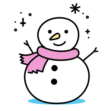 A snowman, round and robust, is standing firmly on a white snow-covered ground. It has a bright red scarf wrapped around its neck, contrasting with the white of the snow. Snowflakes, various sizes and shapes, are gently falling around it, creating a whimsical atmosphere. The snowman has a classic carrot nose, coal eyes, and a cheerful smile made from small pebbles.