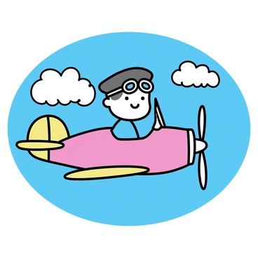 A 3D cartoon pilot character wearing a classic aviator cap and goggles is seated in a vintage biplane. The biplane has a bright red body with yellow wings and a propeller in the front. The pilot is smiling and has a confident expression on his face. Fluffy white clouds are visible in the background, with the biplane soaring above them. The sky is a clear blue, providing a vibrant backdrop to the scene.