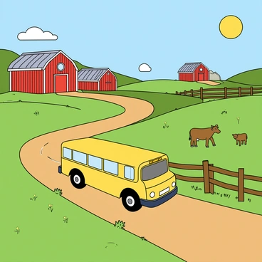 A bright yellow bus is driving along a winding dirt road. On either side of the road, lush green fields stretch out, dotted with patches of wildflowers. In the background, there are several traditional wooden barns, painted red and white, with slanted roofs. The sky is clear with a few fluffy white clouds, and the sun is shining brightly, illuminating the scene. A couple of friendly cows are grazing in a nearby field, and a tall wooden fence lines the road, adding to the rural charm. The bus is in motion, with its wheels slightly kicking up dust from the road.