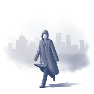 A figure is walking through a dense fog, which envelops the surroundings in a soft, muted atmosphere. The figure appears to be wearing a long coat that billows around them, suggesting movement and a sense of urgency. Their posture is slightly hunched, with shoulders drawn inward, conveying an expression of uncertainty. The fog creates a blurred background that obscures any discernible features of the environment, enhancing the feeling of isolation. Shadows twist and shift within the mist, adding to the sense of confusion and unease.