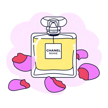 A Chanel fragrance bottle with a sleek and elegant design featuring a clear glass body and a sophisticated cap. The bottle is positioned in the center of the image. Surrounding the bottle are scattered rose petals in various shades of pink and red. The background is soft and misty, creating a gentle atmosphere that enhances the elegance of the scene.