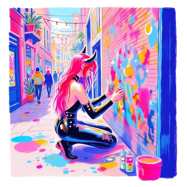 A succubus with long flowing hair and striking red skin is creating vibrant street art on a brick wall in a bustling urban alley. She is wearing a fitted black leather outfit adorned with silver studs. Her hands are skillfully holding spray cans of various bright colors, as she sprays intricate designs that blend swirling patterns and bold shapes. The alley is filled with colorful graffiti and tags on nearby walls, and the ground has splashes of paint. In the background, there are people passing by, some stopping to watch her work. Potted plants and string lights hang overhead, adding to the lively atmosphere of the scene.