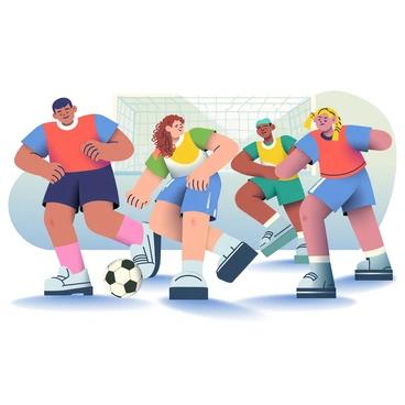 A group of four friends is playing street soccer on a concrete surface. Each friend is wearing a unique, worn but colorful jersey, showcasing bright reds, blues, and yellows. The first friend, a young man with short black hair, is dribbling the soccer ball, focused and intense. A second friend, a woman with curly brown hair, is positioned to the side, preparing to run. The third friend, an athletic-looking man with a buzz cut, is in a defensive stance, while the fourth friend, a girl with long braids, is ready to kick the ball. In the background, there are graffiti-covered walls, adding a vibrant street art element to the scene. The sun casts strong shadows on the ground, emphasizing the players' movements.