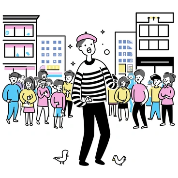 A street mime, wearing a classic black and white striped shirt and a red beret, is performing in the center of a busy city square. The mime is mid-pose, making an exaggerated facial expression to engage the onlookers. Surrounding the mime is a diverse crowd of people, including children and adults, all watching intently. Some are laughing, while others are smiling, visibly enjoying the performance. In the background, buildings with large windows and colorful storefronts frame the scene, adding to the urban atmosphere. A few pigeons are scattered on the ground nearby, completing the lively setting.