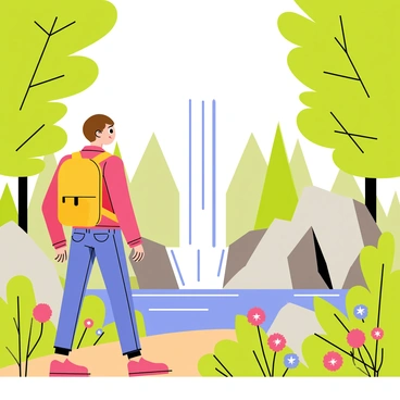 A hiker wearing a bright yellow backpack stands on a forest trail. The hiker has short brown hair and is wearing a red jacket and blue jeans. In the background, there is a tall waterfall cascading over rocks, with clear water splashing into a pool below. Lush green trees frame the scene, with sunlight filtering through the leaves. The hiker is gazing at the waterfall with a look of awe, surrounded by vibrant wildflowers along the trail.