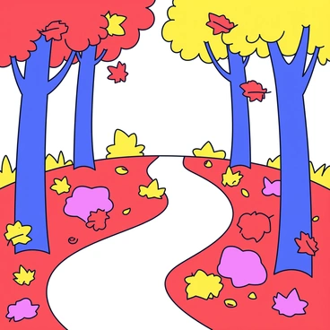 A winding forest path surrounded by tall trees. The ground is covered with vibrant autumn leaves in shades of "red", "orange", and "yellow". Sunlight filters through the branches, highlighting the colorful foliage. A few leaves are gently falling from the trees above, adding to the rich layer below. The path is slightly curved, inviting exploration into the depths of the forest.
