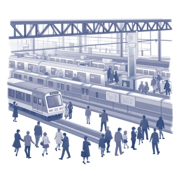 A busy train station filled with numerous travelers. Some individuals are rushing toward the platforms while others are standing in groups, engaging in conversation. The scene includes several local trains, each featuring distinct designs and patterns that suggest their vibrancy. The architecture of the station showcases tall ceilings and expansive windows, allowing natural light to illuminate the bustling environment. Numerous signs and schedules are displayed throughout, guiding the travelers as they prepare to board their trains.