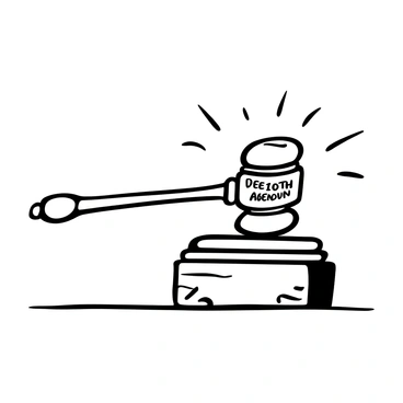 A gavel striking a wooden block, creating an impact that suggests motion. The handle of the gavel features intricate engravings of the text of the "10th Amendment." The background is minimal to emphasize the gavel and block, with a focused composition that highlights the details of the engraving. The wooden block has a polished finish, reflecting light subtly, and the gavel is positioned at a dynamic angle, indicating action.