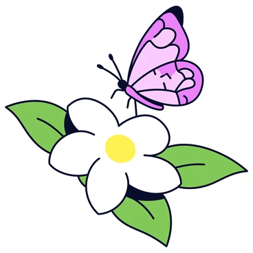A delicate butterfly with intricate patterns on its wings is perched on a white gardenia flower. The butterfly's wings are gently spread, showcasing their vibrant colors. The gardenia flower has glossy green leaves surrounding it, and the petals of the flower are softly curved, emphasizing its freshness. The scene is bright and captures the beauty of nature.