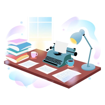 A writer is sitting at a wooden desk, surrounded by scattered papers filled with handwritten notes. A classic typewriter is positioned prominently at the center of the desk, with a fresh sheet of paper inserted. Stacks of inspirational books, featuring colorful covers, are piled on one side of the desk. A warm lamp casts a gentle glow over the scene, illuminating the surrounding chaos of creativity. A coffee cup rests beside the typewriter, hinting at a long writing session. A window in the background allows soft, natural light to filter into the room, enhancing the atmosphere of concentration.