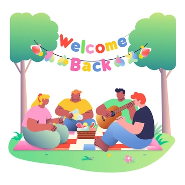 A group of four friends is having a picnic on a green grass patch in a vibrant garden. They are sitting on a colorful checkered picnic blanket. One friend is pouring lemonade from a clear pitcher into glasses, while another is slicing a fresh watermelon. The third friend is playing guitar, and the fourth is holding a picnic basket filled with sandwiches and fruit. Above them, between two leafy trees, a "Welcome Back" banner is strung, featuring bright colors and playful letters. There are blooming flowers in various colors surrounding the picnic area, adding to the cheerful atmosphere.