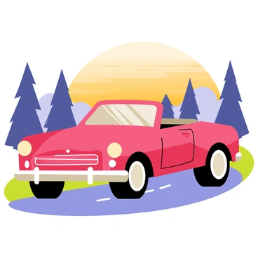 A classic convertible car in bright red is cruising down a winding road. The car has a shiny chrome bumper and white wall tires. The sun is setting in the background, casting orange and purple hues across the sky. Silhouettes of trees line the sides of the road, and green grass is visible along the edges. The scene captures the essence of a warm and relaxed evening drive.