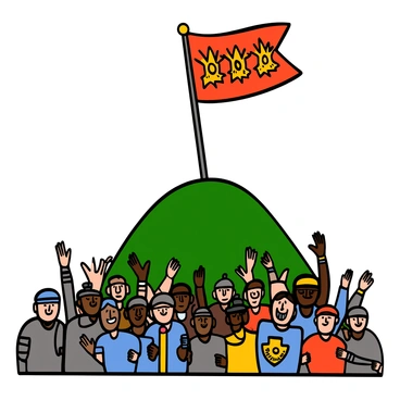 A vibrant battle standard with intricate patterns and bright colors is waving high atop a green hill. The standard is adorned with symbols of courage and strength. Surrounding the hill, a diverse group of warriors with different armor styles is cheering loudly. Some warriors have light skin and short hair, while others have dark skin and long hair. They wear helmets, chest plates, and shields, showcasing a variety of designs. Their hands are raised in excitement, and expressions of determination are visible on their faces. The sky above is bright and clear, enhancing the lively scene.