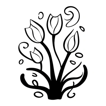 A cluster of flower buds in various stages of bloom, depicted with intricate shapes and patterns surrounding them. The flower buds have delicate, curved outlines and are positioned close together, creating a sense of unity. Swirling lines and shapes weave through the composition, connecting the buds and adding texture to the scene. Each bud is unique in structure, some almost fully formed while others are just beginning to open, showcasing the beauty of growth and transition.
