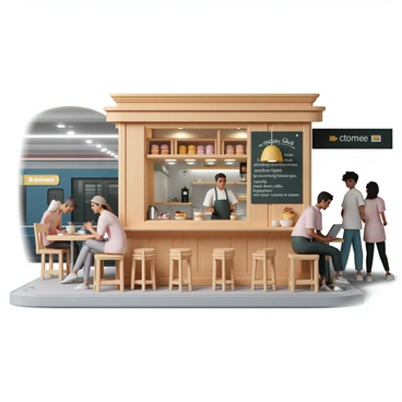 A small coffee shop with a wooden exterior, featuring a large glass window displaying an assortment of pastries. Inside, there are wooden tables and chairs arranged in a cozy manner. A barista is behind the counter, wearing a black apron and preparing coffee, while a chalkboard menu hangs on the wall with handwritten drink options. Around the shop, people are seated, some working on laptops, others chatting while enjoying their drinks. The subway station is bustling outside, with commuters walking by, some glancing into the coffee shop. The lighting is warm and inviting, contrasting with the bright fluorescent lights of the subway station.