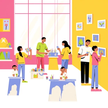 A children's art exhibit in a spacious gallery filled with colorful walls. The room features a variety of bright illustrations hanging at children's eye level. Playful displays include three-dimensional art pieces shaped like animals and trees. There are small tables with art supplies, where children are creating their own masterpieces. Large windows let in sunlight, illuminating the vibrant colors of the artworks. Parents and children are interacting, admiring the creative works around them.