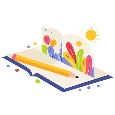 A broken yellow pencil lies on an open white page. Colorful paint splatters surround the pencil, seamlessly blending into vibrant swirls of red, blue, green, and orange. As the mural begins to form, vivid flowers and abstract shapes emerge from the paper, creating a dynamic scene. The background features a bright sun and fluffy clouds, enhancing the enchanting transformation from pencil to mural.