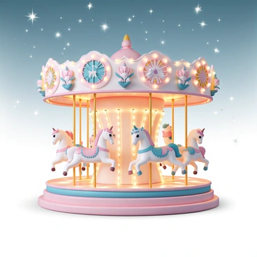 A whimsical carousel, adorned with intricate fairy-themed decorations, featuring beautifully carved mythical creatures such as unicorns and fairies. The carousel is rotating gently, with each creature painted in vibrant colors. Soft, glowing fairy lights are woven throughout the structure, casting a warm and enchanting light. The surrounding area is sprinkled with sparkling fairy dust, enhancing the magical atmosphere, while the night sky above is dotted with twinkling stars.