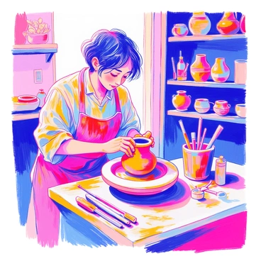 A potter is sitting at a pottery wheel, focusing intently on shaping a clay pot. The potter has short, dark hair and is wearing an apron covered in clay. Their hands are wet and covered in clay as they mold the pot, which is slowly taking shape, rising from the wheel. The pottery wheel is spinning, and several tools for sculpting are neatly arranged nearby. Soft light illuminates the workspace, highlighting the textures of the clay and the potter's hands. Behind the potter, shelves filled with finished pottery pieces can be seen, adding to the creative atmosphere.