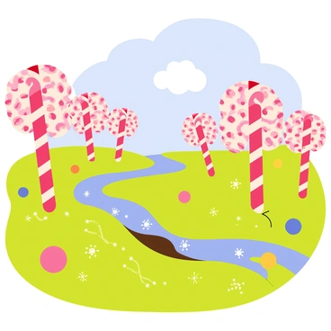 A whimsical landscape featuring trees made entirely of red and white candy canes, each with a glossy finish. The ground is covered in bright green grass that resembles granulated sugar, sparkling under a clear blue sky. Patches of colorful gumdrops are scattered throughout the landscape, adding pops of color to the scene. In the distance, there is a river of flowing chocolate, winding through this sugary paradise. Fluffy white clouds float gently above, enhancing the cheerful atmosphere of this candy-themed environment.