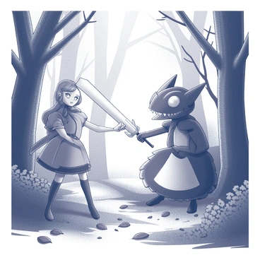 A young girl named Alice stands confidently in a dark forest. She has determined eyes and is wielding a gleaming sword with both hands, ready for battle. Surrounding her are towering trees with twisted branches and dense underbrush, creating a foreboding atmosphere. In front of her, the fearsome Jabberwocky looms, with sharp claws and menacing eyes, its body covered in scales. The ground is littered with fallen leaves, and the air is thick with tension as Alice prepares to confront the creature.