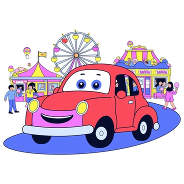 A colorful 3D cartoon car with a shiny red exterior is depicted driving through a bustling carnival. The car has large, friendly eyes on the windshield and a big smile on the front bumper. Surrounding the car are vibrant carnival scenes, including a tall ferris wheel with bright lights and several game booths with colorful signage and playful characters. There are people enjoying the games and walking around with cotton candy and balloons. The atmosphere is lively and festive.