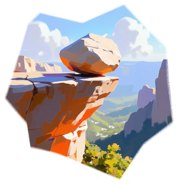 A large, uneven rock is perched precariously on the edge of a steep cliff, with its surface rugged and textured. Below the cliff, a breathtaking view reveals a deep valley filled with lush greenery and tall trees. The sky is clear with a few fluffy white clouds scattered throughout. The sun casts a warm glow, illuminating the rock and the surrounding landscape, enhancing the contrast between the steadfast rock and the vast expanse beneath it. The scene conveys a sense of tension, as the rock seems to defy gravity, teetering on the brink of falling.