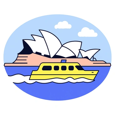A ferry boat with a bright yellow and white color scheme is sailing across Sydney Harbour. The boat has a streamlined shape and is creating small waves behind it as it moves through the water. In the background, the iconic Sydney Opera House is clearly visible, showcasing its distinctive white sail-like design and multiple tiers. The sky is a clear blue with a few fluffy clouds, and the water has a gentle sparkle reflecting the sunlight.