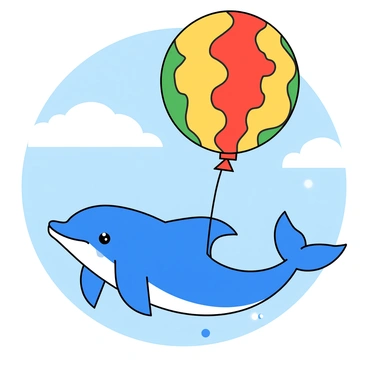 A playful dolphin with a bright blue and white body is joyfully soaring through the sky. The dolphin has a wide smile and sparkling eyes. Attached to it is a large, colorful balloon shaped like a fish, featuring vibrant scales in shades of red, yellow, and green. The balloon floats gently above the dolphin, swaying slightly as it moves. Wispy clouds fill the background, and the sun shines brightly, creating a cheerful scene. The dolphin appears to be enjoying the ride, with its fins outstretched and bubbles trailing behind.