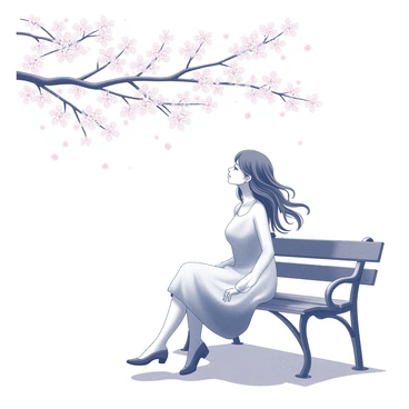 A woman is seated peacefully on a park bench, surrounded by gently falling cherry blossoms. She has long, flowing hair that cascades over her shoulders. Her expression is thoughtful, with her gaze directed towards the ground, lost in contemplation. The scene captures several cherry blossom branches overhead, their delicate petals drifting slowly downwards. The woman is wearing a simple, elegant dress that flows around her as she sits. The atmosphere conveys a sense of tranquility, enhanced by the natural setting filled with the soft, ethereal beauty of the cherry blossoms.