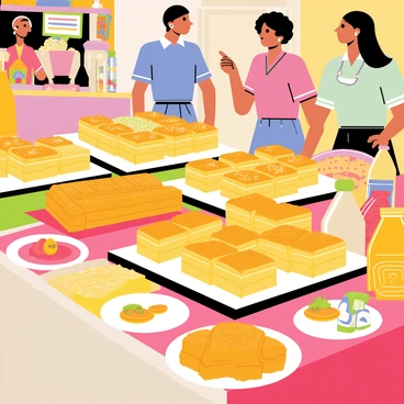 A bustling Middle Eastern bazaar stand filled with an assortment of baklava. The stand is adorned with colorful fabrics and decorative patterns. Various trays display different types of baklava, including triangular and square shapes, with golden-brown crusts glistening with honey. Some pieces are sprinkled with crushed pistachios, while others are topped with sesame seeds. There are small plates of baklava ready for sampling, and vibrant spices in jars are positioned nearby, creating an inviting atmosphere. The background features blurred figures of shoppers and merchants engaging in lively conversation.