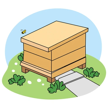 A contemporary bee hive with a sleek, angular design in a minimalist garden. The bee hive is made of smooth wood with a natural finish, featuring clean lines and a modern aesthetic. It is positioned on a light-colored stone path surrounded by neatly trimmed grass. Sparse plantings of small green succulents and white pebbles add simplicity to the scene. A few bees are gently buzzing around the hive, interacting with the environment, while a clear blue sky provides a bright backdrop.