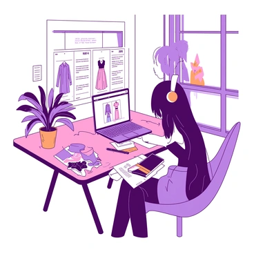 A girl with long hair is seated at a stylish desk, focused on her work on a digital fashion magazine layout. She is wearing a trendy outfit that includes a fitted top and high-waisted pants, complemented by fashionable accessories. The workspace is filled with various design tools, including a laptop with the magazine layout displayed on the screen. Around her, there are colorful swatches and sketches of clothing designs scattered across the desk, alongside a vibrant plant that adds a touch of life to the scene. A large window lets in natural light, illuminating her concentrated expression as she designs.