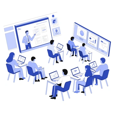A classroom is filled with students sitting at desks, each focused on their laptops. They are engaged in learning about DeFi, with various charts and diagrams displayed on their screens. At the front of the room, a virtual tutor appears on a large screen, presenting topics related to decentralized finance. The tutor is depicted as a professional figure, gesturing to emphasize key points. Some students are taking notes while others are discussing concepts with their peers. The room has educational posters on the walls related to finance and technology. A large window allows natural light to fill the space, enhancing the atmosphere of learning.