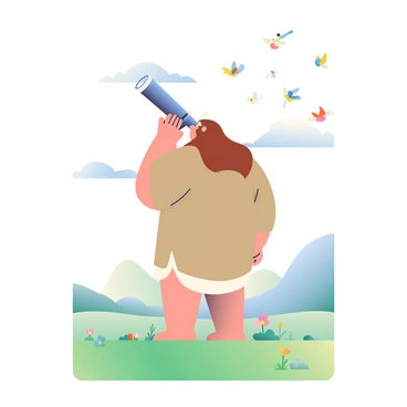 A giant observing a flock of birds through a large telescope in a serene meadow