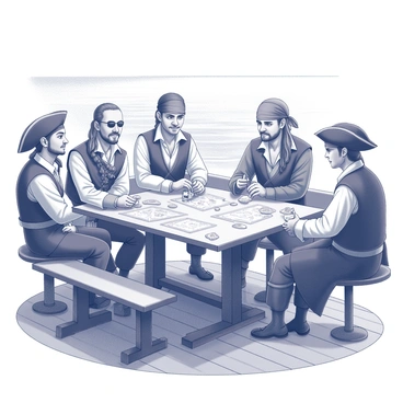 A group of pirates gathered around a wooden table on the deck of a ship. They are intensely focused on a card game, with each pirate displaying a distinct expression of concentration or amusement. The table is cluttered with playing cards, and several treasure maps are scattered around, some partially unfurled. The pirates are dressed in traditional attire, complete with bandanas and eye patches. The ship's wooden planks are visible beneath them, adding to the maritime ambiance. The background reveals the ocean and a clear sky above, enhancing the scene.
