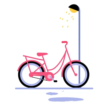 A pink bike with a shiny frame is parked under a tall streetlight. The bike has a detailed design, featuring a sleek seat and handlebars. Raindrops are glistening on the surface of the frame, catching the light from the streetlight and creating small reflections. The ground beneath the bike is wet, with puddles forming nearby, adding to the rainy atmosphere.