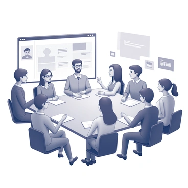 A digital meeting space filled with various avatars representing different individuals. Each avatar has distinct features and attire, showcasing a diverse group of participants. The background is a futuristic virtual environment with geometric shapes and interactive elements. Some avatars are positioned in discussion, with hand gestures indicating engagement, while others are seated, attentively listening. A large screen displays shared information, and various virtual tools, such as a digital whiteboard and chat interface, are accessible within the space. The overall composition conveys a sense of collaboration and communication in a modern digital format.